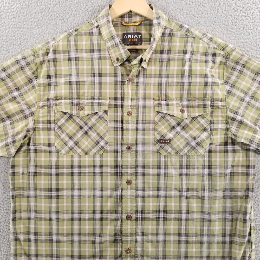 Ariat Rebar Shirt Mens XL Green Plaid Short Sleeve Outdoor Workwear Pocket Ranch